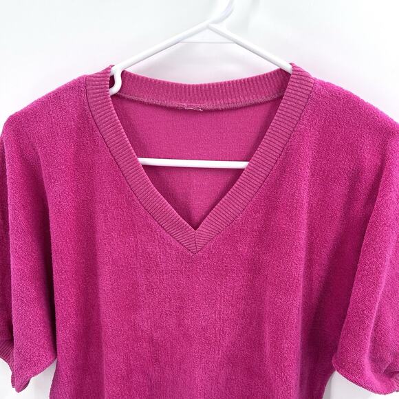 Vintage 70s Pink Terry Cloth V-Neck Cropped Short Sleeve Top Womens Medium - Picture 2 of 3